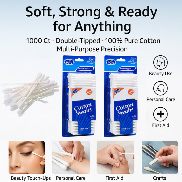 1000 Ct Cotton Swabs Buds Double Tipped Clean Ear Wax Remover Makeup Applicator