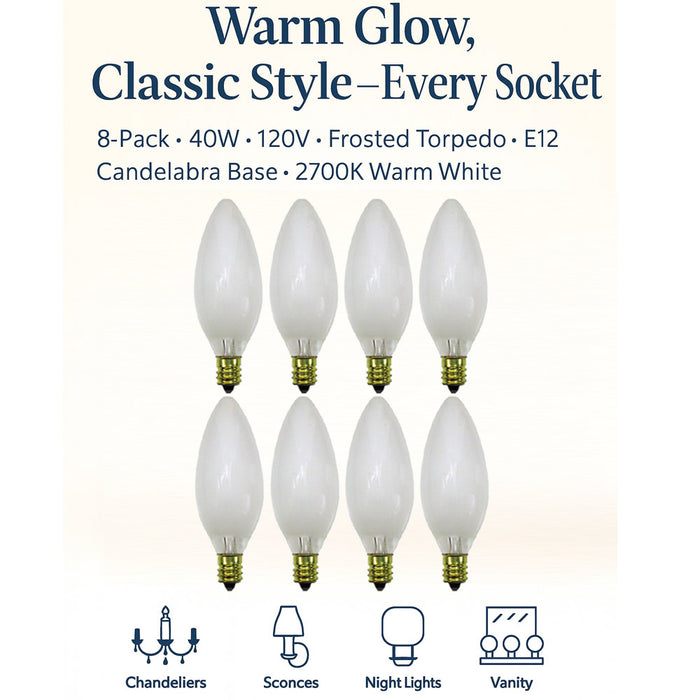 8 Frosted Night Light Bulbs 40W 120V Replacement Lamp Torpedo Candelabra Base
