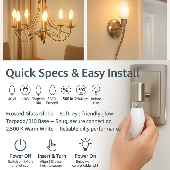 8 Frosted Night Light Bulbs 40W 120V Replacement Lamp Torpedo Candelabra Base