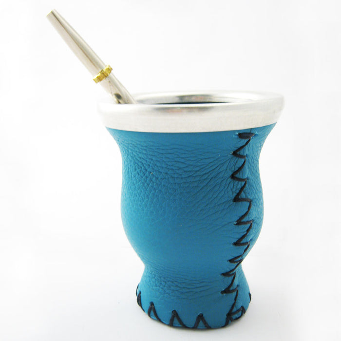 LA CELESTE 1950 World Champion Mate Gourd Leather Glass W/ Bombilla Straw Gaucho Detox Drink Tea Blue