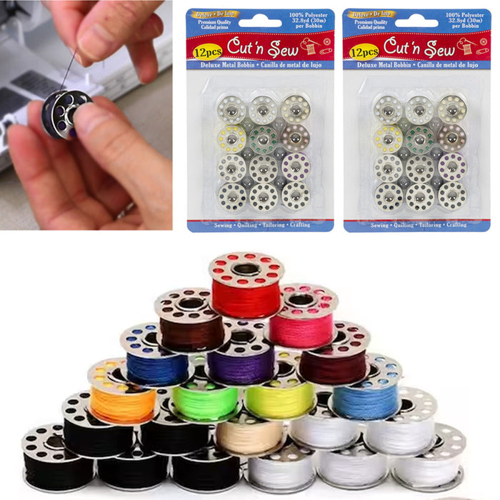 24 Pc Metal Bobbins Assorted Colors Sewing Threads 100% Polyester Machine Spool