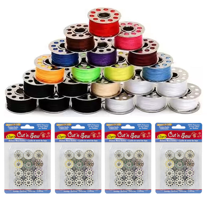48 Assorted Colors Sewing Threads Pre-wound Metal Bobbins 100% Polyester Machine