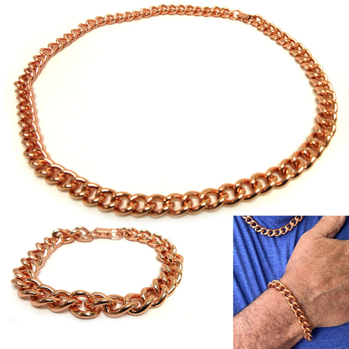 2 Pc Mens Cuban Link Necklace Bracelet Set Pure Copper 24" Solid Chain Jewelry