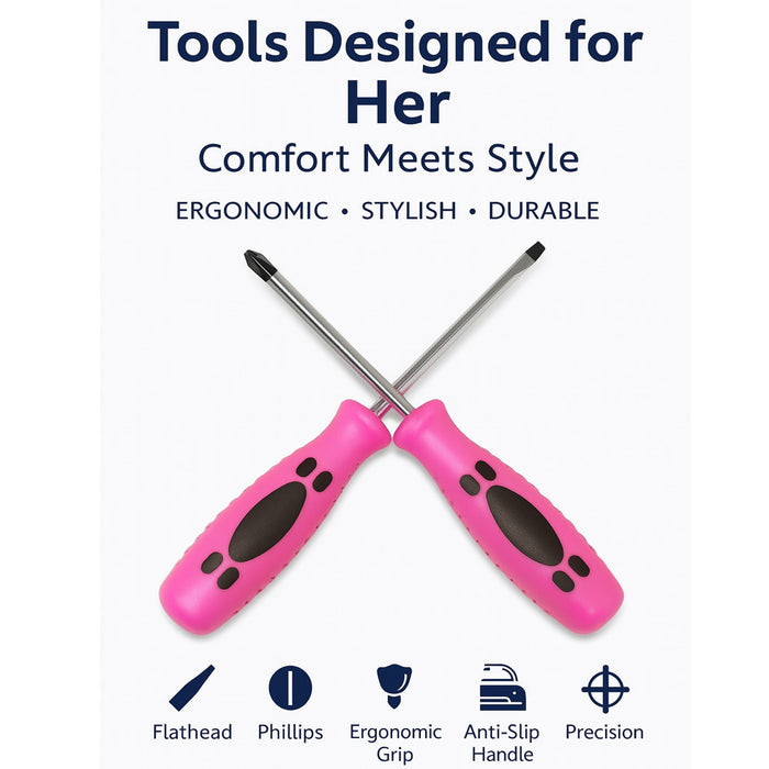 2 PC Ladies Pink Screwdriver Set Phillips Slotted Flat Head Womens Home Tools