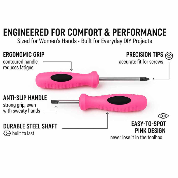 2 PC Ladies Pink Screwdriver Set Phillips Slotted Flat Head Womens Home Tools