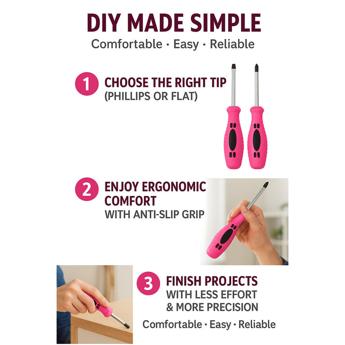 2 PC Ladies Pink Screwdriver Set Phillips Slotted Flat Head Womens Home Tools
