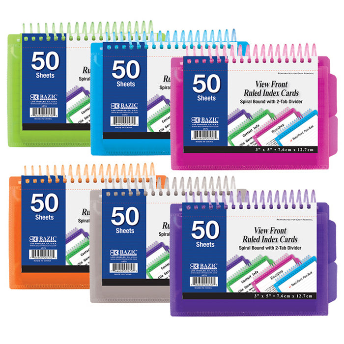 2pc Poly Spiral Bound Index Cards 3" X 5" Ruled 50Ct 2 Tabs School Office Colors