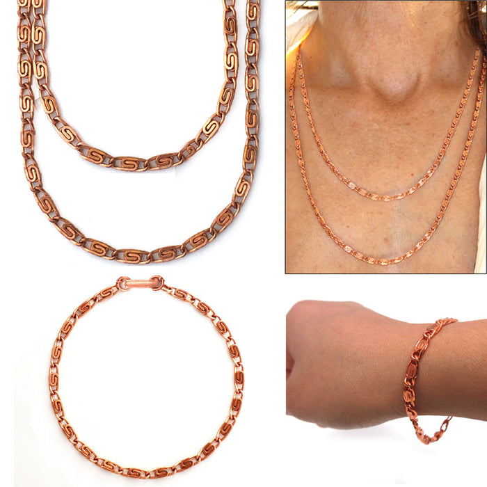 3 Pc Pure Copper Necklace Bracelet Set Celtic Scroll Link 18" 24" Chain Jewelry