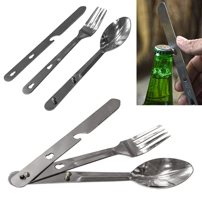 2 Sets 4 in 1 Eating Utensils Stainless Steel Camp Hiking Fork Knife Can Opener