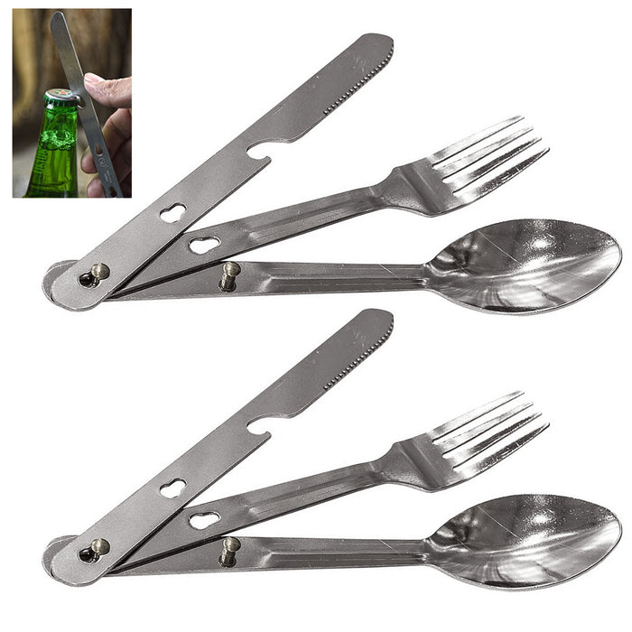 2 Sets 4 in 1 Eating Utensils Stainless Steel Camp Hiking Fork Knife Can Opener