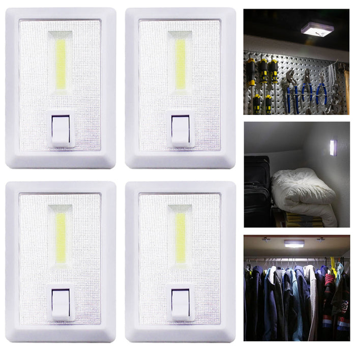 4 Pc Mini COB LED Switch Wall Night Light Battery Operated Cabinet Garage Light