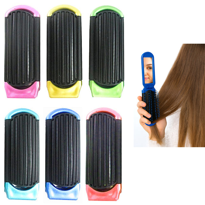 Folding Hair Brush Mirror Mini Comb Compact Pocket Size Travel Car Gym Purse Bag