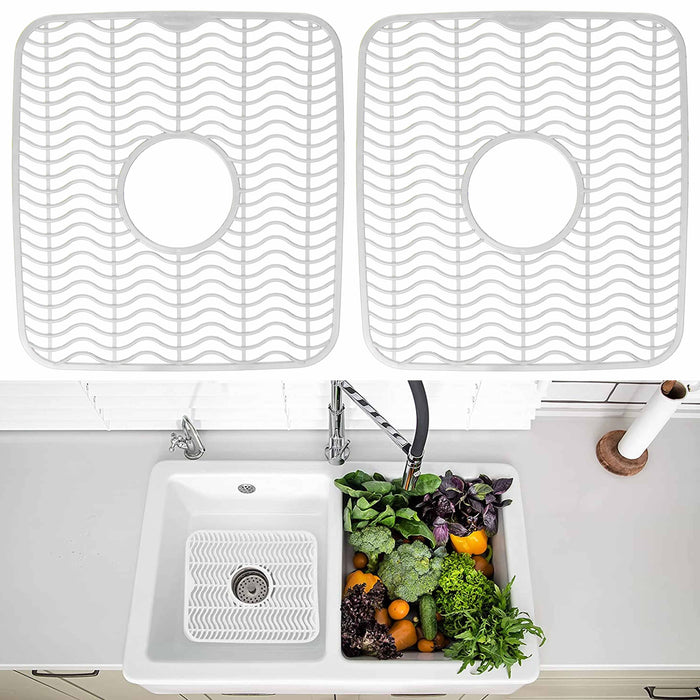 2 Pc Protective Kitchen Sink Mat Dish Rack Cushion Drainer Pad White 11" x 12"
