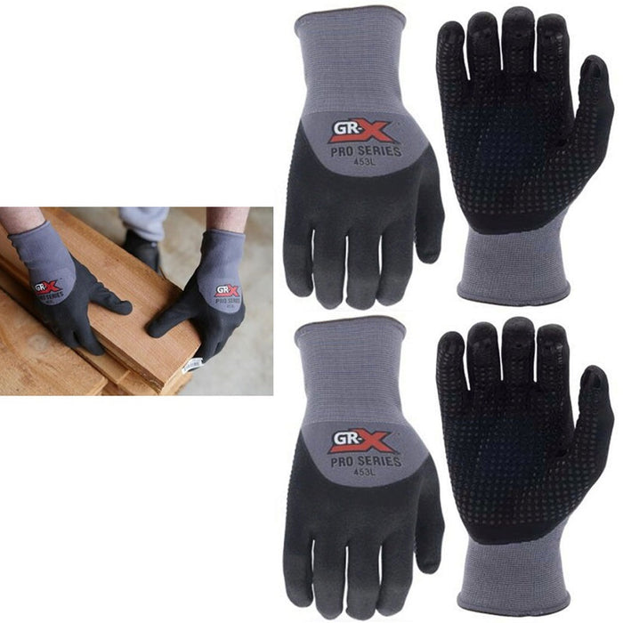 2 Pairs Heavy Duty Work Gloves Grip Nitrile Coated Dotted Palm Safe Hand Size L