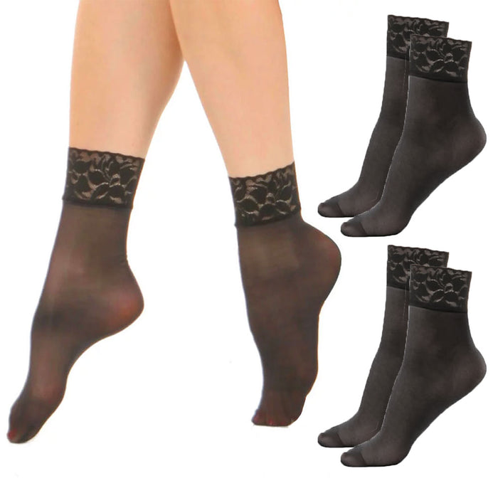 2 Pairs Women's Ankle High Trouser Socks Lace Opaque Sheer Nylon Black One Size
