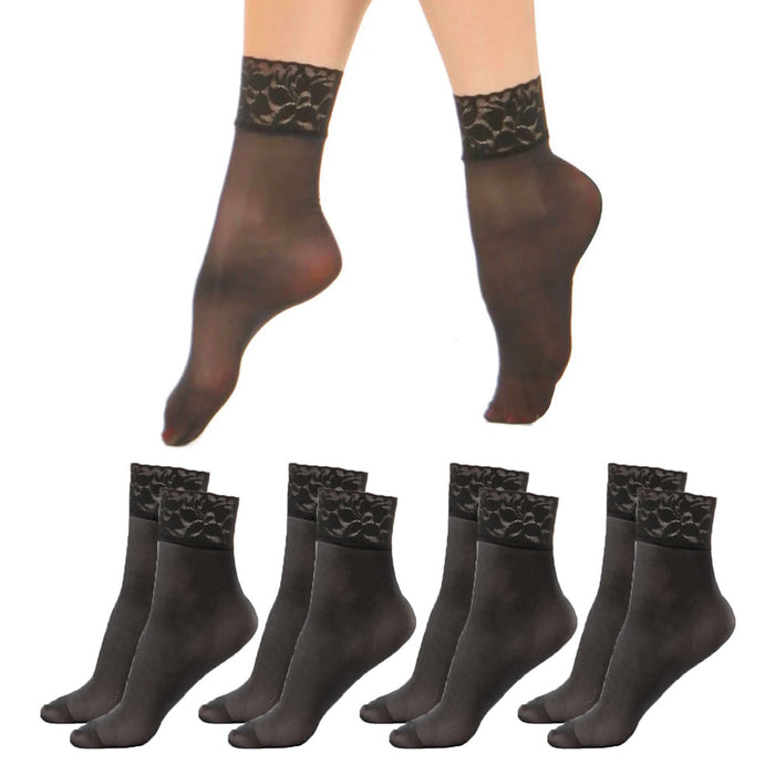 4 Pairs Women's Lace Ankle High Socks Sheer Trouser Stocking Sexy Black One Size