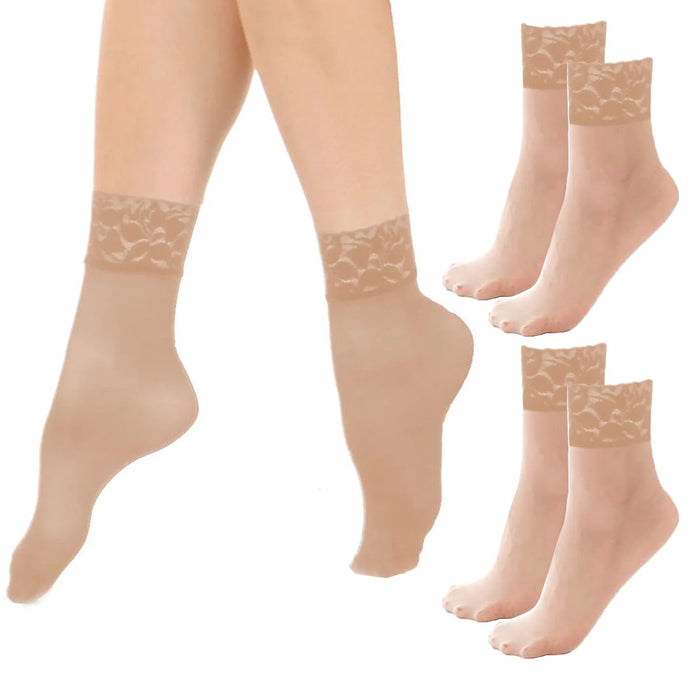 2 Pairs Women's Nude Ankle High Trouser Socks Lace Opaque Sheer Beige One Size