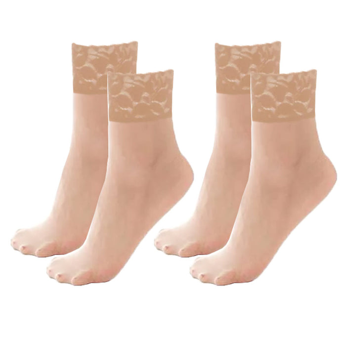 2 Pairs Women's Nude Ankle High Trouser Socks Lace Opaque Sheer Beige One Size