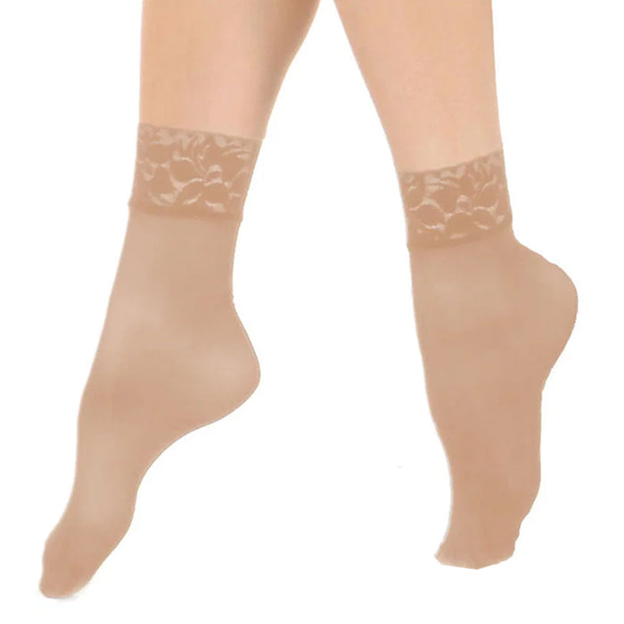 4 Pairs Women's Lace Ankle High Socks Nude Sheer Trouser Stocking Beige One Size
