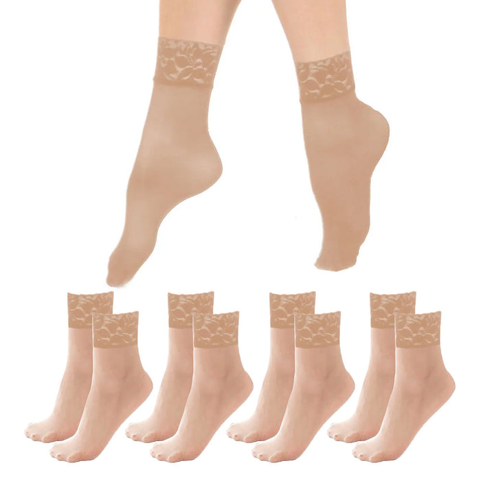 4 Pairs Women's Lace Ankle High Socks Nude Sheer Trouser Stocking Beige One Size