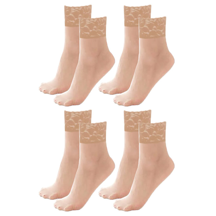 4 Pairs Women's Lace Ankle High Socks Nude Sheer Trouser Stocking Beige One Size