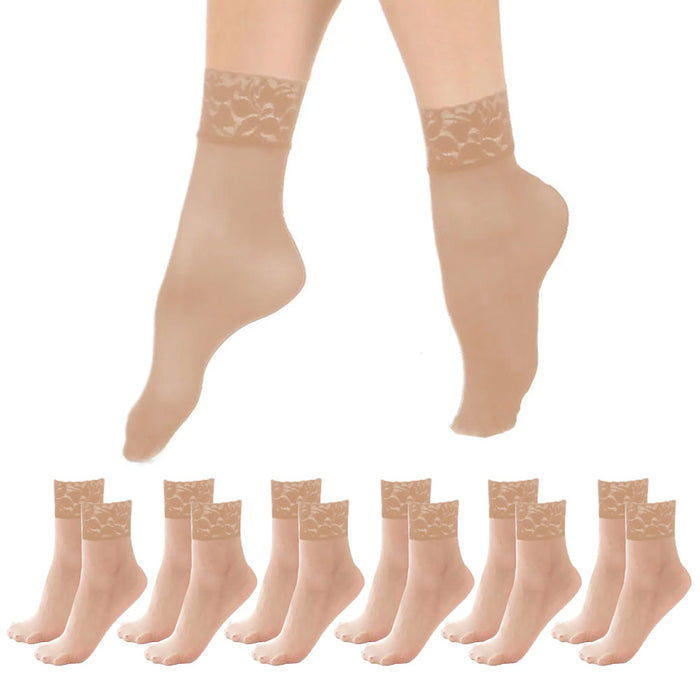 6 Pairs Women's Nude Sheer Ankle Socks Lace Trouser Stocking Sexy Beige One Size