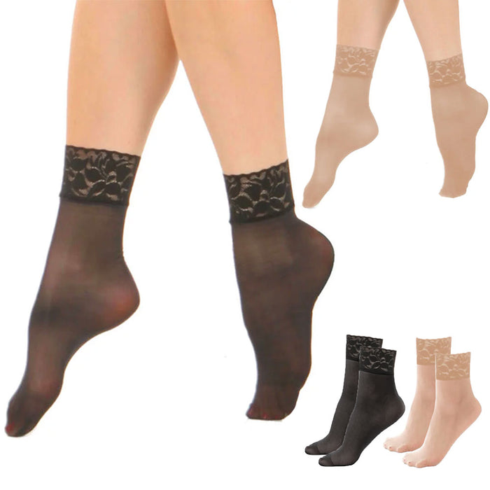 2 Pairs Women's Ankle High Lace Trouser Socks Opaque Sheer Nude Black One Size