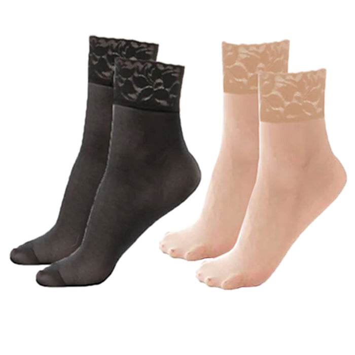 2 Pairs Women's Ankle High Lace Trouser Socks Opaque Sheer Nude Black One Size