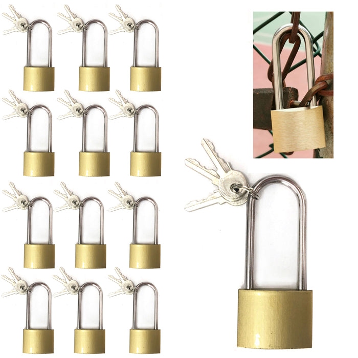 12 Pc Padlocks Heavy Duty Metal Brass Long Shackle Box Locks Keyed 37mm 2 Keys