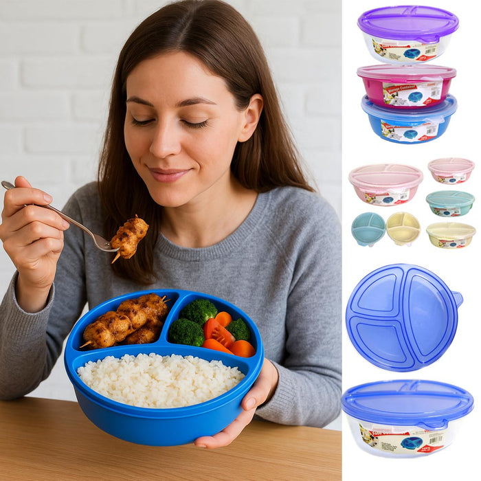 3 Large Microwave Food Storage Containers Section Divided Plates W/ Lids Cover