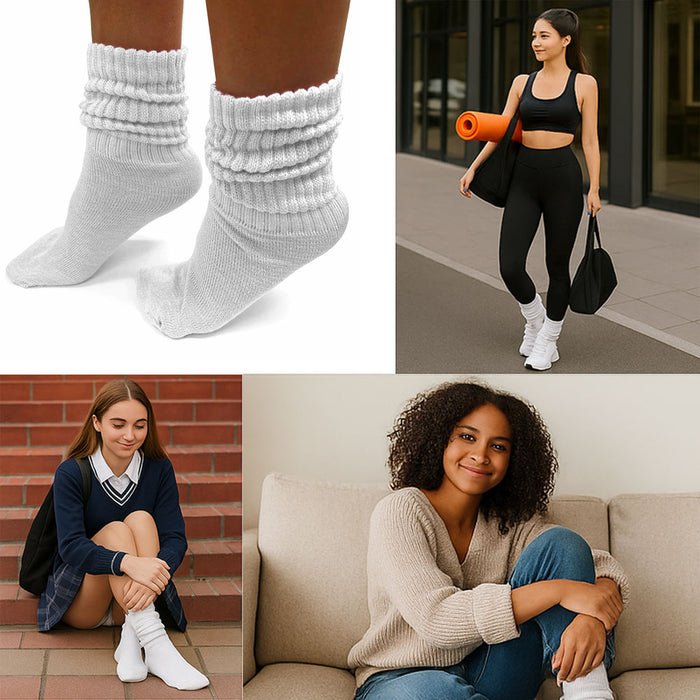 6 Pairs Scrunchie Slouch Socks Cotton Plush Soft Thick Junior Girls 6-8 White