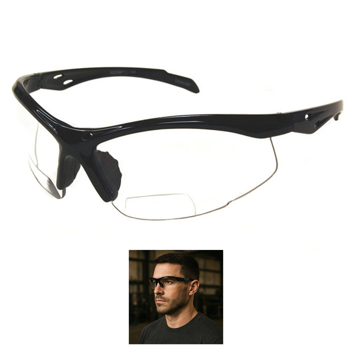 Bifocal Safety Glasses +1.5 Reader Magnifier Eyewear Clear Lense Black Frame