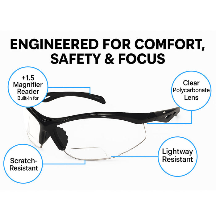 Bifocal Safety Glasses +1.5 Reader Magnifier Eyewear Clear Lense Black Frame