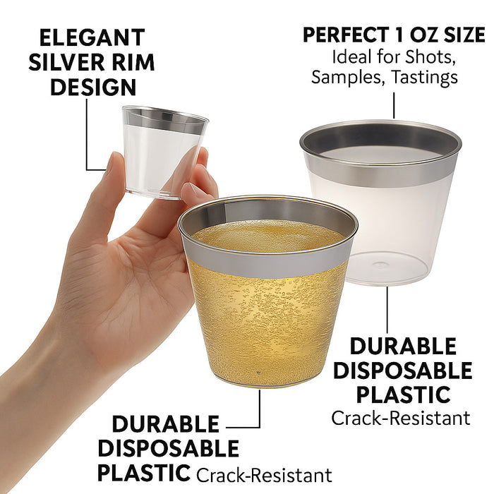 24 Pack Rim Plastic Shot Glasses 1 oz Clear Silver Disposable Party Cups Tasting