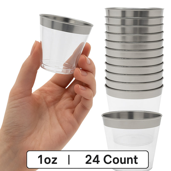 24 Pack Rim Plastic Shot Glasses 1 oz Clear Silver Disposable Party Cups Tasting