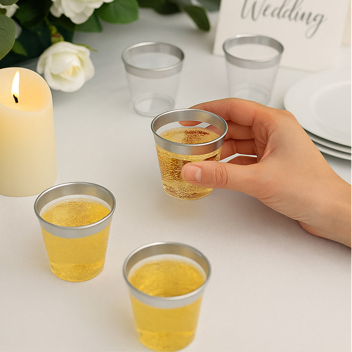 24 Pack Rim Plastic Shot Glasses 1 oz Clear Silver Disposable Party Cups Tasting