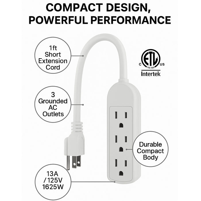 1 Pc 3 Outlet Power Strip Grounded Plug Extension Cord Adapter 1ft Heavy Duty