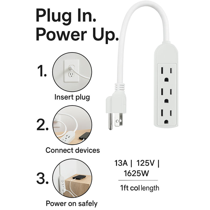 1 Pc 3 Outlet Power Strip Grounded Plug Extension Cord Adapter 1ft Heavy Duty