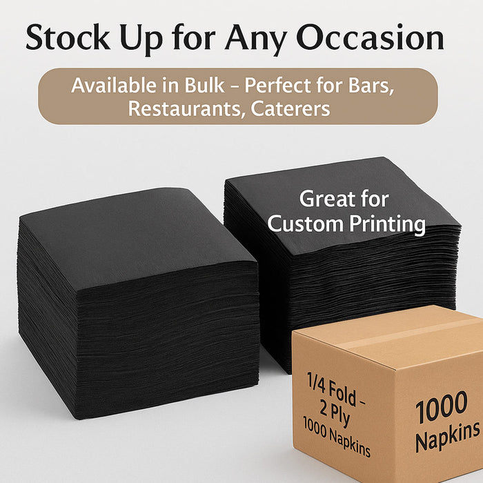 Black 2-Ply Cocktail Beverage Napkins 1000 Pack Unfolded 9.5” Drink Bar Party