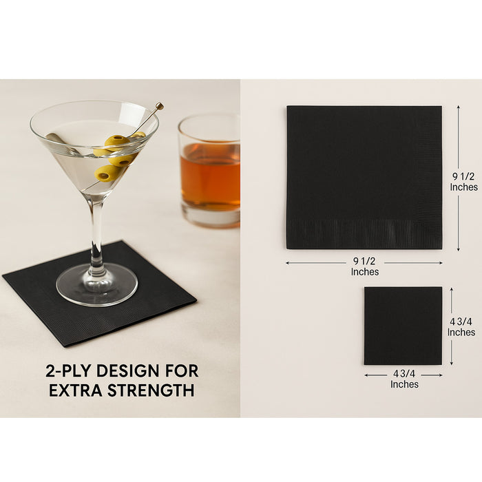 Black 2-Ply Cocktail Beverage Napkins 1000 Pack Unfolded 9.5” Drink Bar Party