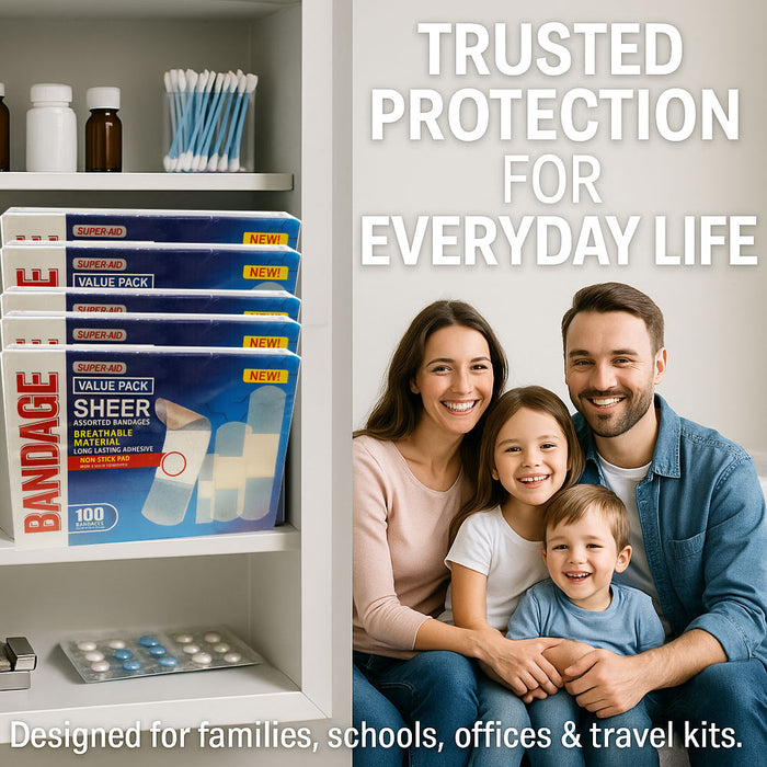 200 Ct Assorted Sheer Bandages Breathable Flexible Adhesive Strips First Aid Kit