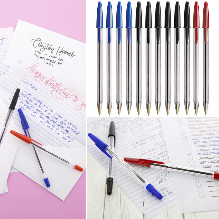 12 Pc Ballpoint Pen Ball Point Pens Red Black Blue Ink Kids School Office Supply