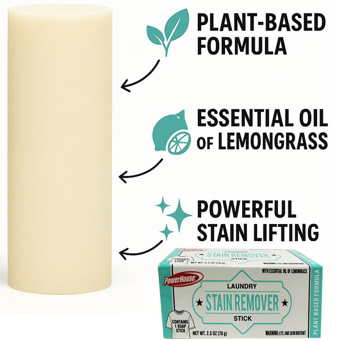 4 Pack PowerHouse Laundry Stain Remover Stick 2.5oz Plant Based Lemongrass Soap