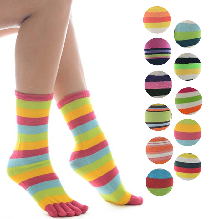 12 Pairs Women Toe Socks Five Finger Casual Sports Multicolor Striped Crew 9-11