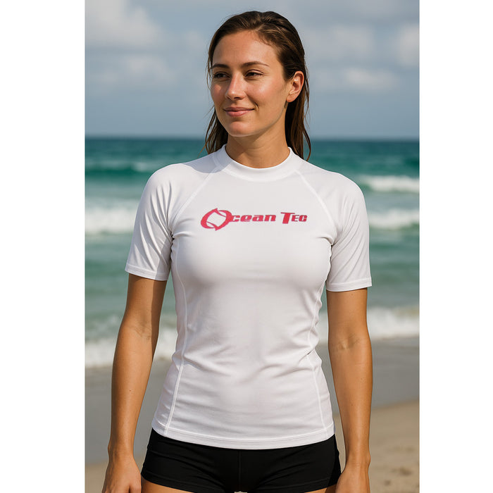 Women Short Sleeve Rash Guard Surfing Shirt Swimwear SPF 50+ Protection White XS