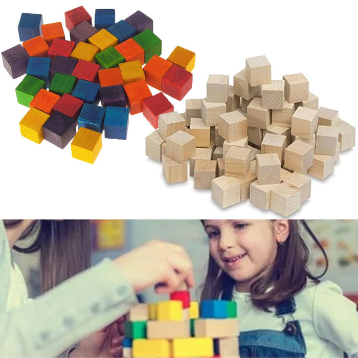 72 Wooden Craft Blocks Assorted Color Natural Cubes Hardwood Square Wood 0.58"
