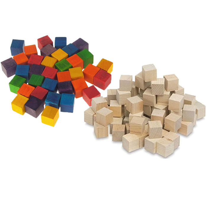 72 Wooden Craft Blocks Assorted Color Natural Cubes Hardwood Square Wood 0.58"