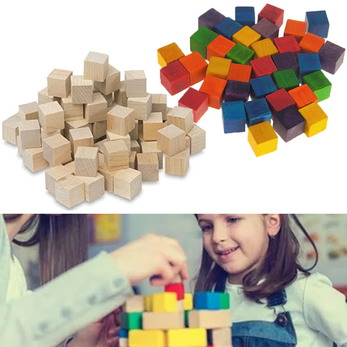 144 Wood Cubes Wooden Craft Blocks Assorted Color Natural Hardwood Squares 0.58"