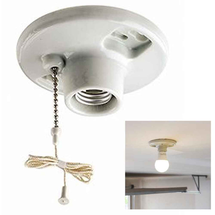 1 Porcelain Ceiling Lamp Holder With Pull Chain White Bulb Mount Light Fixture