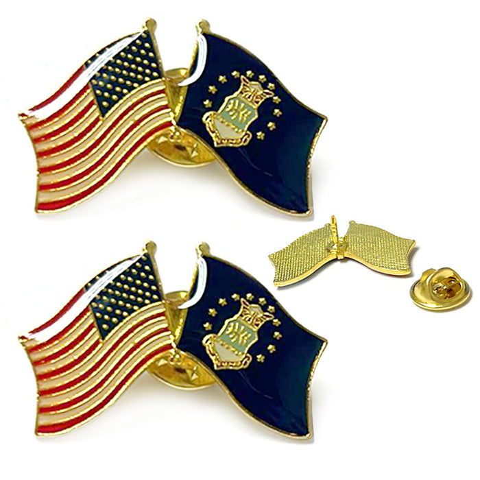 2PC United States US Air force Lapel Pins Military Friendship Double Flags Badge